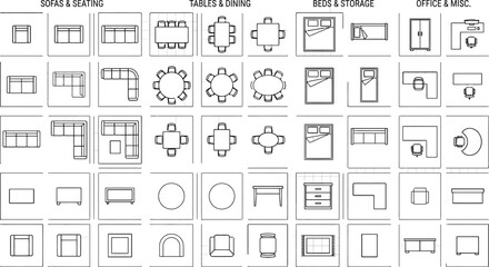 Top view architectural floor plan symbols vector set. Thin line CAD icons of furniture and fixtures including sofas, beds, kitchen and bathroom elements for interior design layouts and blueprints © PrimePixel Co