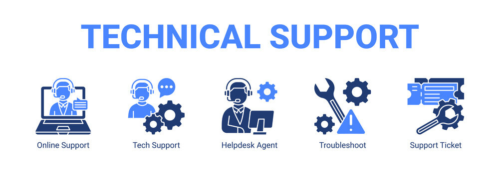 Technical Support web banner icon concept  with Online Support, Tech Support, Helpdesk Agent, Troubleshoot, Support Ticket.
