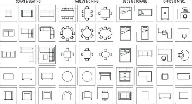 Top view architectural floor plan symbols vector set. Thin line CAD icons of furniture and fixtures including sofas, beds, kitchen and bathroom elements for interior design layouts and blueprints