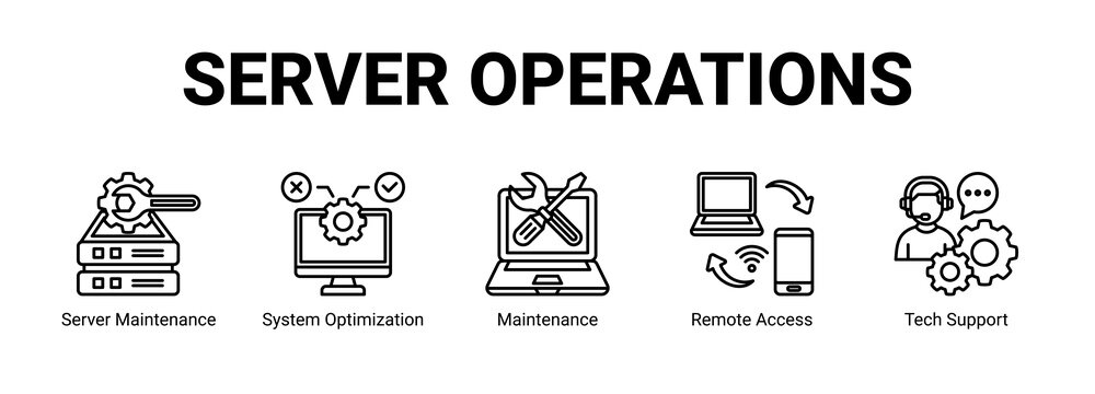 Server Operations web banner icon concept, with Server Maintenance, System Optimization, Maintenance, Remote Access.