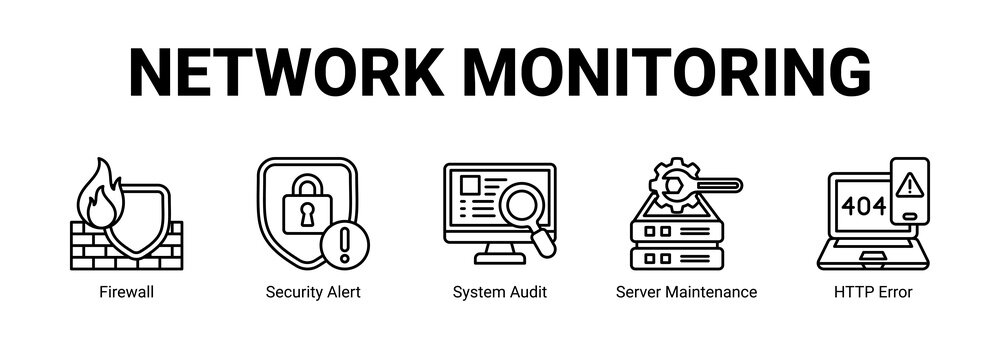Network Monitoring web banner icon concept, with Firewall, Security Alert, System Audit, Server Maintenance.
