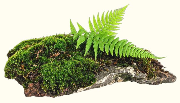 Fresh Green Fern and Moss Growing on Rock Isolated on White Background Representing Biotic and Abiotik Relationship Concept