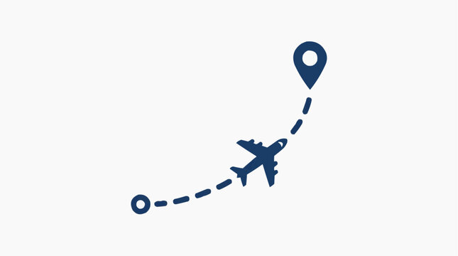 A minimalist vector graphic of an airplane flying to a destination marker