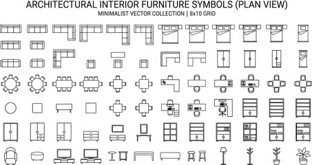 Architectural interior furniture symbols vector set in top view. Thin line CAD icons for floor plans including sofas, beds, tables, chairs, cabinets, fixtures and doors for layout design © PrimePixel Co