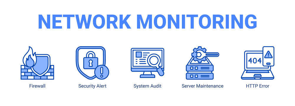 Network Monitoring web banner icon concept, with Firewall, Security Alert, System Audit, Server Maintenance.