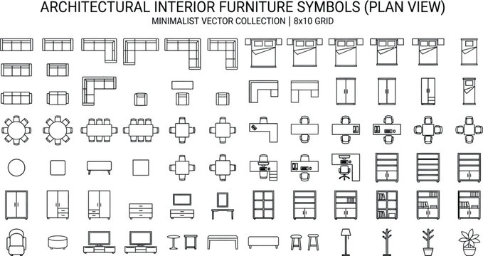 Architectural interior furniture symbols vector set in top view. Thin line CAD icons for floor plans including sofas, beds, tables, chairs, cabinets, fixtures and doors for layout design