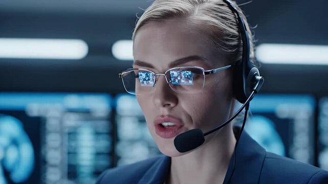 Woman Working in a Control Room - This video shows a woman with blonde hair wearing a headset and glasses working in a control room setting, with multiple screens visible in the background.
