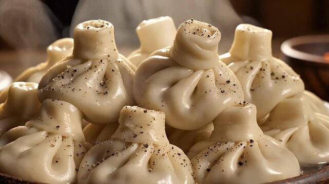 Khinkali Dumplings with Pepper - This video showcases a close-up of a plate piled high with freshly made Khinkali, traditional Georgian dumplings.