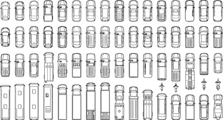 Top view cars and vehicles outline vector set. Thin line automobile icons of cars, vans and small trucks for urban planning, traffic diagrams, parking layouts and CAD architectural design © PrimePixel Co