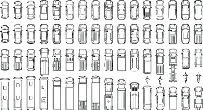 Top view cars and vehicles outline vector set. Thin line automobile icons of cars, vans and small trucks for urban planning, traffic diagrams, parking layouts and CAD architectural design