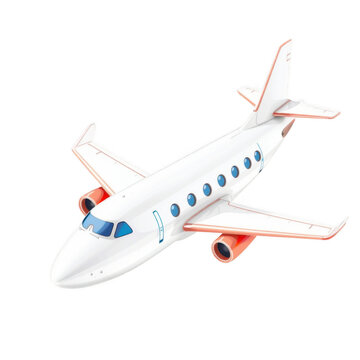 A white airplane with blue windows and red engines flies through the air