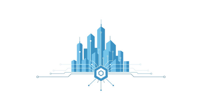 Cityscape with modern skyscrapers and technology.