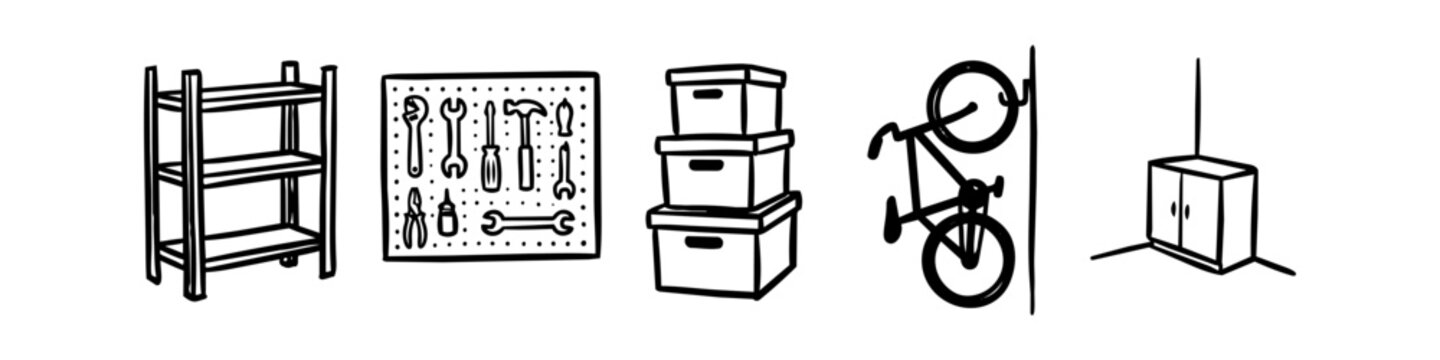 Hand-drawn doodle set of garage organization icons including shelves, tool pegboard, storage boxes, bicycle wall mount, and a cabinet. Minimalist black line art for home improvement projects.
