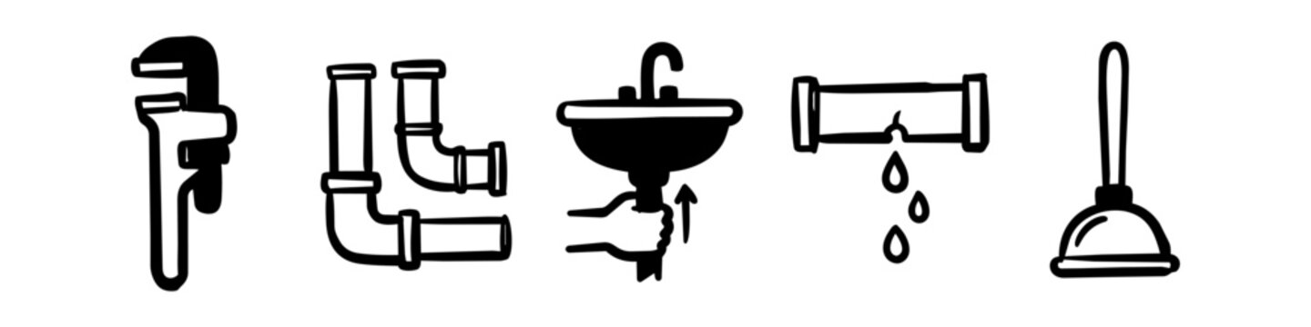 Hand-drawn plumbing icons set including pipe wrench, pipes, leaking pipe, sink repair, and plunger. Minimalist black ink doodle style for maintenance and DIY repair concepts.