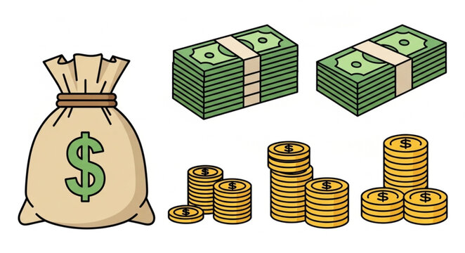 Illustration of money bag stacks of cash and gold coins depicting financial wealth and investment opportunities.