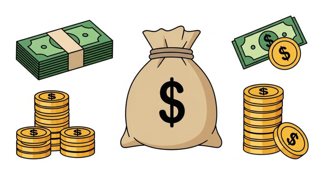 Illustration of money bag with dollar sign stacks of cash coins currency.