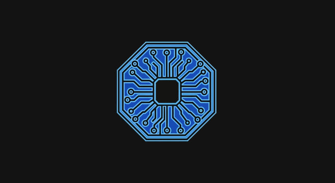 Abstract Circuit Board Icon: Futuristic Electronic Design on Black Background, Digital Technology