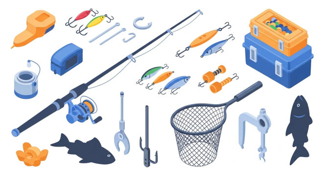 Isometric fishing equipment set with various fishing tools and accessories.