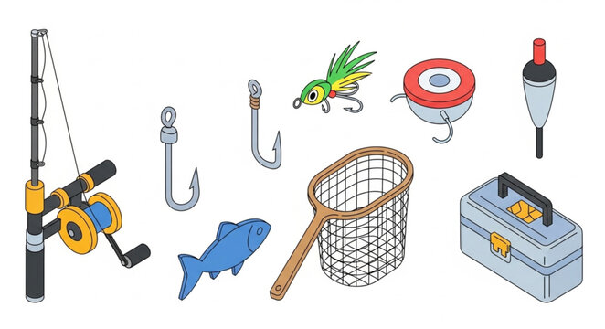 Isometric fishing equipment set with rod hooks lure net and tackle box.