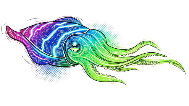 Neon cyberpunk cuttlefish with glowing tentacles isolated on a transparent background
