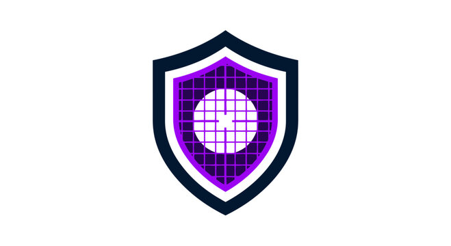 Abstract Digital Shield Emblem with Overlayed Grids and Gradients on Whitespace Composition Design