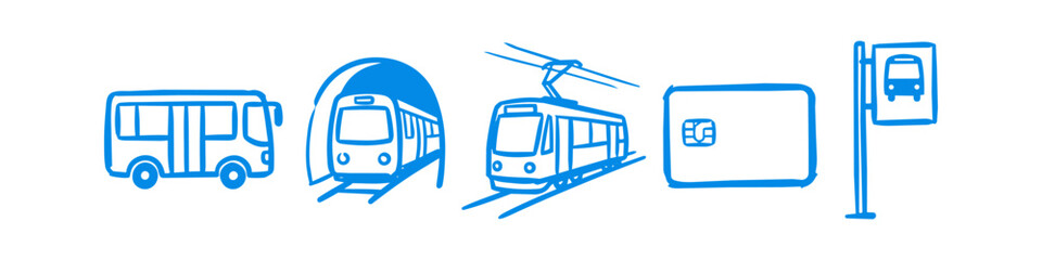 Blue hand-drawn icons representing public transport: bus, subway, tram, payment card, and bus stop. Minimalist doodle illustration for urban transit and commuting concepts. © Nort Kor