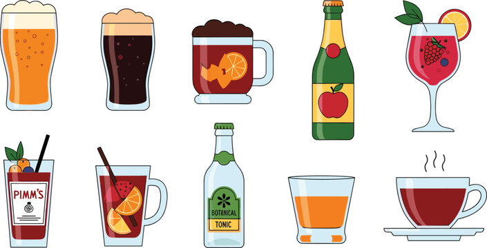 International and Traditional Beverage Vector Illustration Set Featuring Pimm's Cocktail, Beer, Cider, Gluhwein, and Botanical Tonic for Bar Menus and Global Drink Culture Designs
