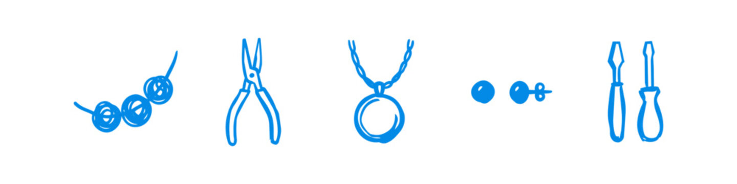 Blue hand-drawn icon set featuring jewelry making tools and accessories like pliers, screwdrivers, a necklace, pendant, and stud earrings on a white background.