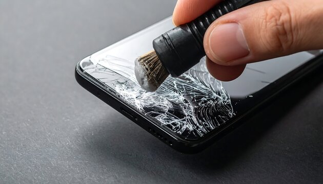A hand uses a tool to scrape a heavily cracked smartphone screen resting on a dark, textured surface
