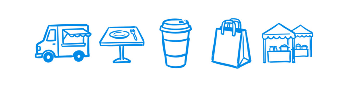 Blue hand-drawn doodle icons representing food and commerce, featuring a food truck, restaurant table, takeaway coffee, shopping bag, and market stall on a white background.