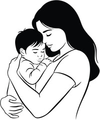 Obraz premium Tender Line Art Illustration of a Mother Hugging Her Sleeping Infant Representing Maternal Love Parental Care Nurturing Bond and Family Comfort