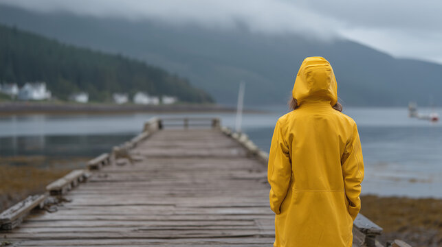 Woman in yellow rain jacket standing alone on empty desolate pier at dawn, fog covering distant shoreline, quiet contemplative mood, Mental Health Awareness Month, solitary resilience, emotional sti