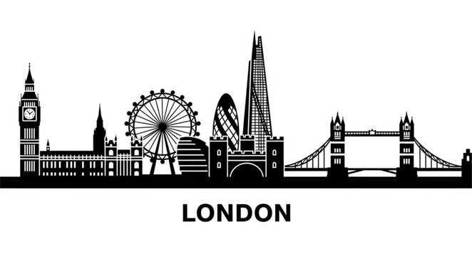 London city skyline silhouette with famous landmarks and architectural icons.