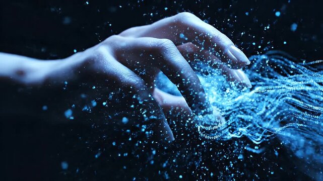 Hands Manipulating Digital Data Stream - A close-up of two hands interacting with a dynamic stream of glowing blue binary data, creating a sense of technological power and connectivity.