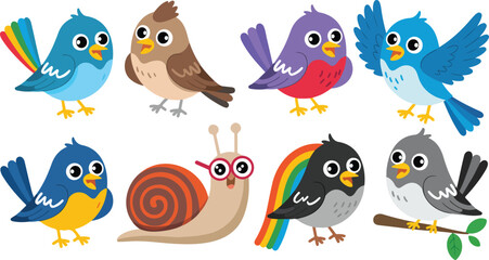 Cute cartoon bird collection featuring colorful songbirds rainbow wings and a happy snail with glasses for children nursery decor and spring nature flat vector illustration © MST