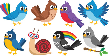 Cute cartoon bird collection featuring colorful songbirds rainbow wings and a happy snail with glasses for children nursery decor and spring nature flat vector illustration © MST