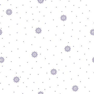 Seamless pattern with small lavender daisy flowers and tiny dots on a white background. Even spacing, consistent scale, and a clean structured repeat with simple floral elements.