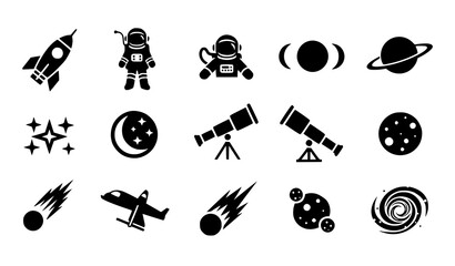 Space Exploration and Astronomy Icon Set Black Silhouette Vector Collection © MD