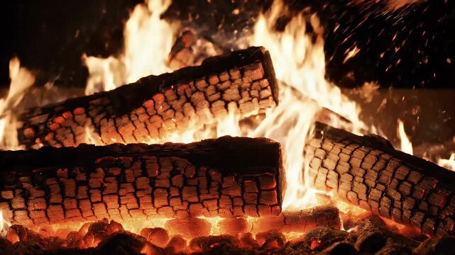Burning Firewood in a Fireplace - A close-up shot captures logs ablaze in a fireplace, radiating warmth and light.