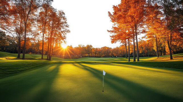 Scenic autumn golf course green at sunset with fall foliage as PNG asset isolated on transparent background