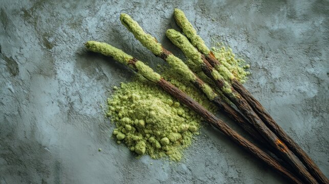 Spicy wasabi paste and eating sticks sat on a textured grey surface, viewed closely.