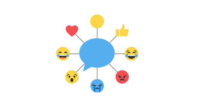 A blue speech bubble with various emoticons.