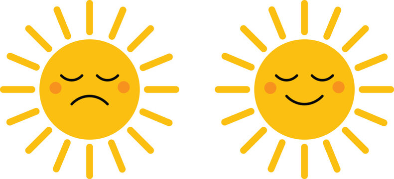 Sad and happy sun icons with cartoonish facial expressions, showing contrasting emotions with cheerful and sad expressions in a minimalistic style