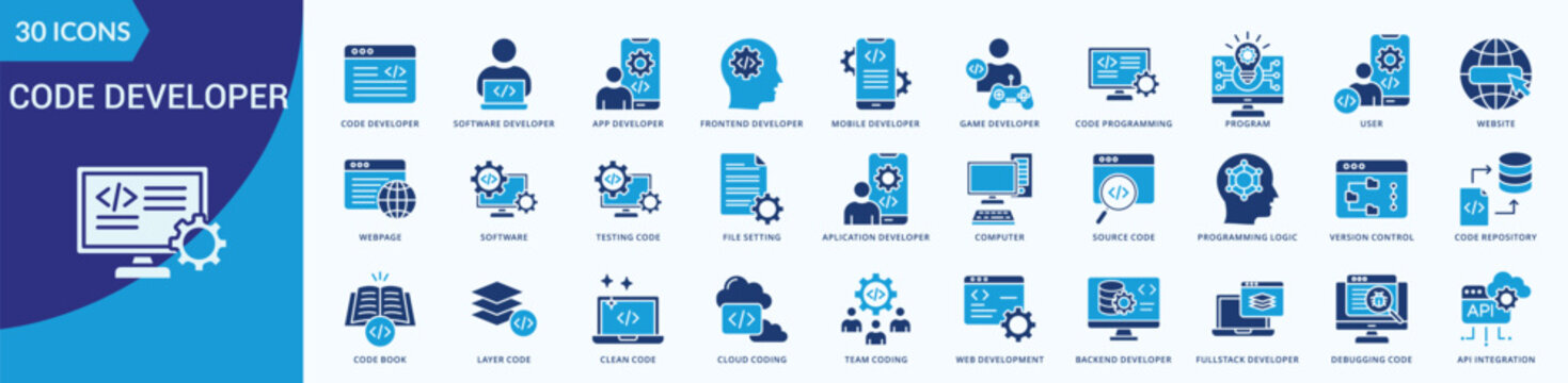 Code Developer Icon Set Illustration Vector Flat Blue Style With  software developer, app developer, frontend developer, mobile developer, game developer, code programming,