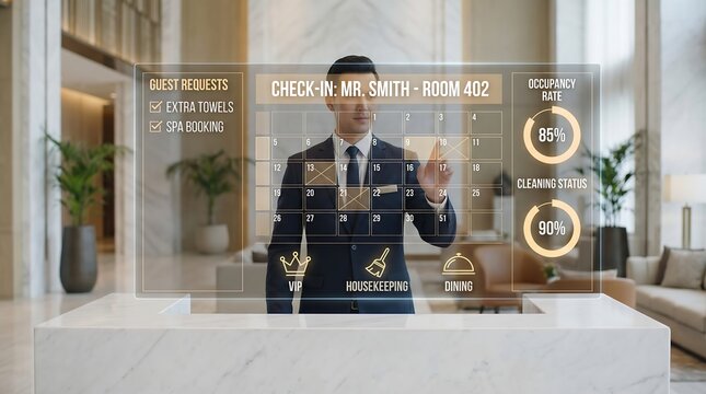 A hotel concierge using a futuristic digital interface for efficient check-in and room management in a luxurious lobby