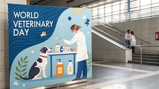World Veterinary Day banner displayed in modern indoor public space.
