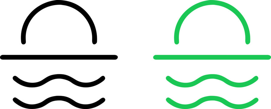 Vector icons depicting a sun rising or setting over wavy water, presented in both black and green, suitable for various graphic design applications