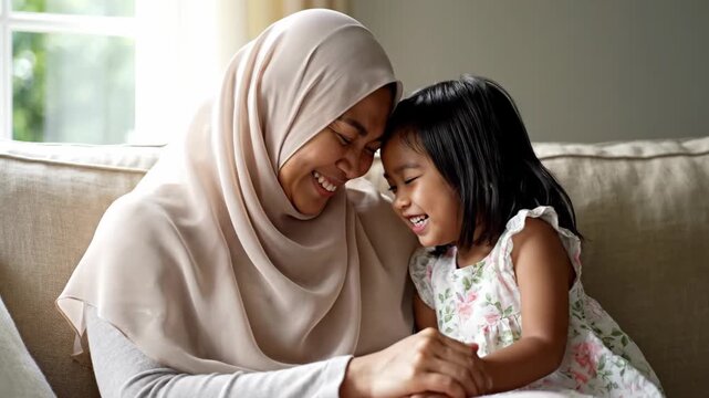 Mother and daughter laughing together on a sofa during Eid al-Adha. Authentic family connection and modest lifestyle. Clean minimalist home setting with natural window lighting.