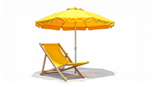 Two yellow beach chairs under matching umbrella, wooden frames and fabric seats, isolated on white background.