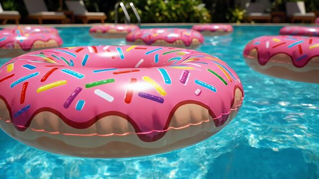 Donut Floats in Swimming Pool - A close-up view shows several pink donut-shaped floats with colorful sprinkles floating in a blue swimming pool on a sunny day.